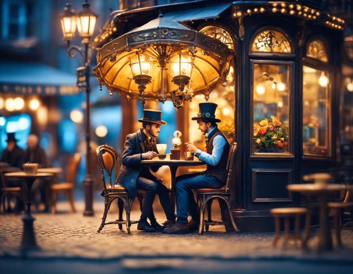 Steampunk Cafe Scene at Night with Tilt-Shift