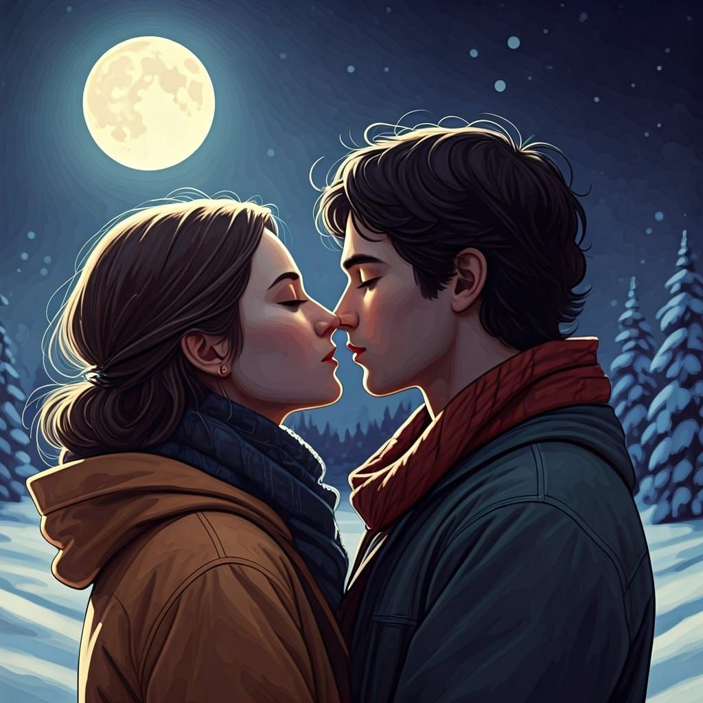 Romantic Kiss Under Moonlight in Art Nouveau Style