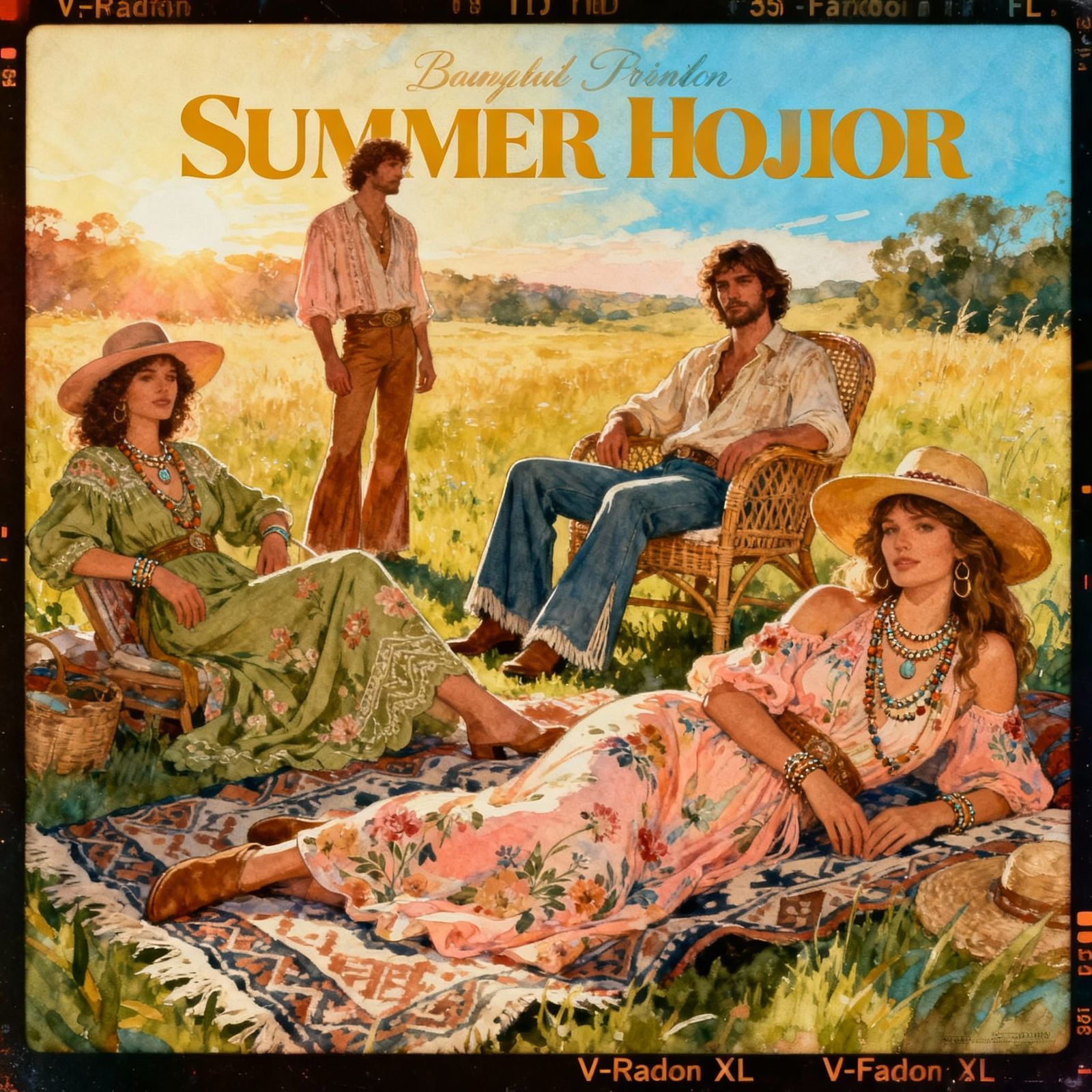 1970s Bohemian Summer Fashion Ad Illustration