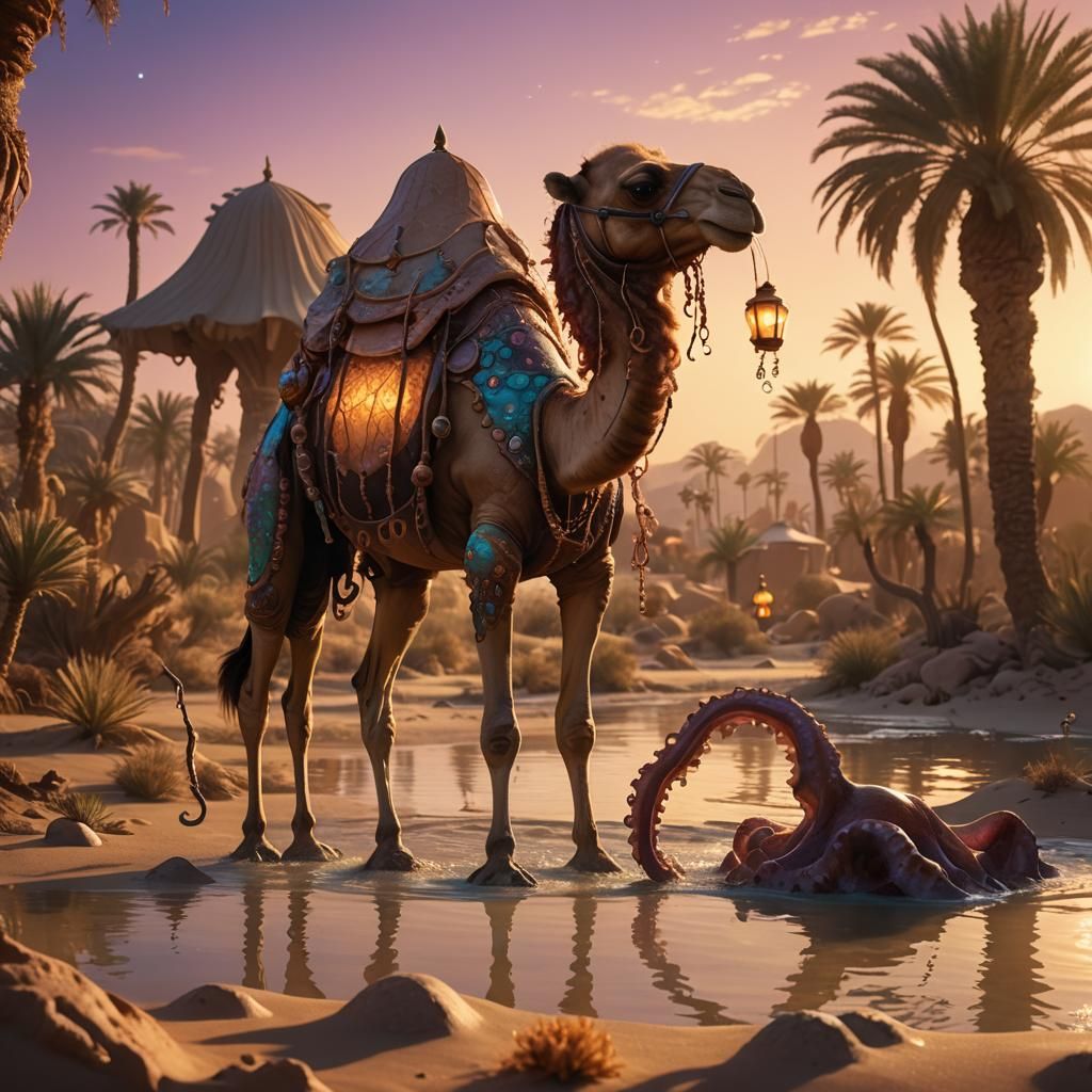Camel-Octopus Hybrid in Mystical Desert Oasis