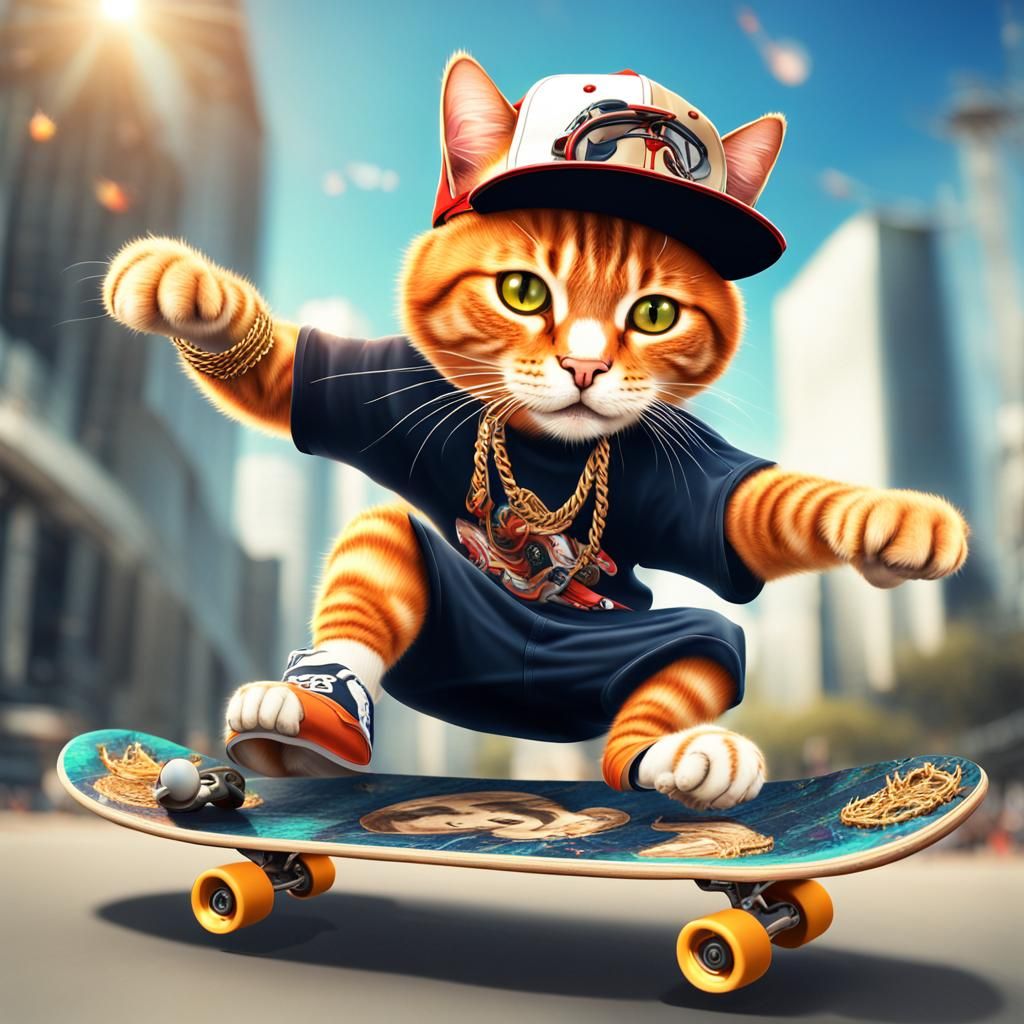 Anime Cat Does 360 Flip in Hip Hop Style