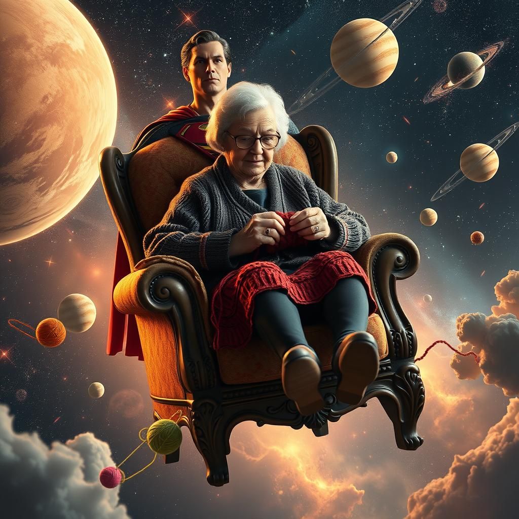 Grandma Knits Through Space with Superman, Sci-Fi Art