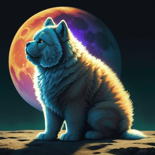 Hyperrealistic Cream Chow Chow Gazing at Moon