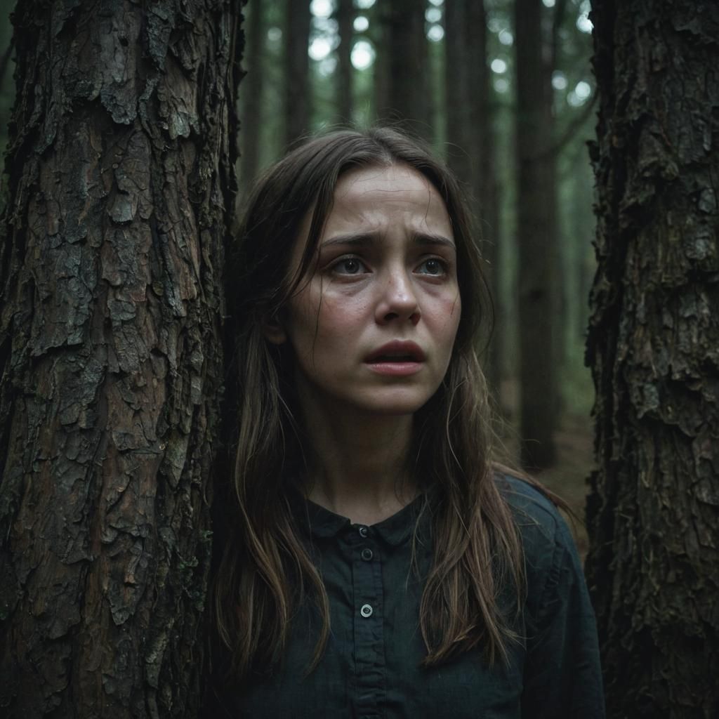 Frightened Girl Lost in Dark Ancient Forest