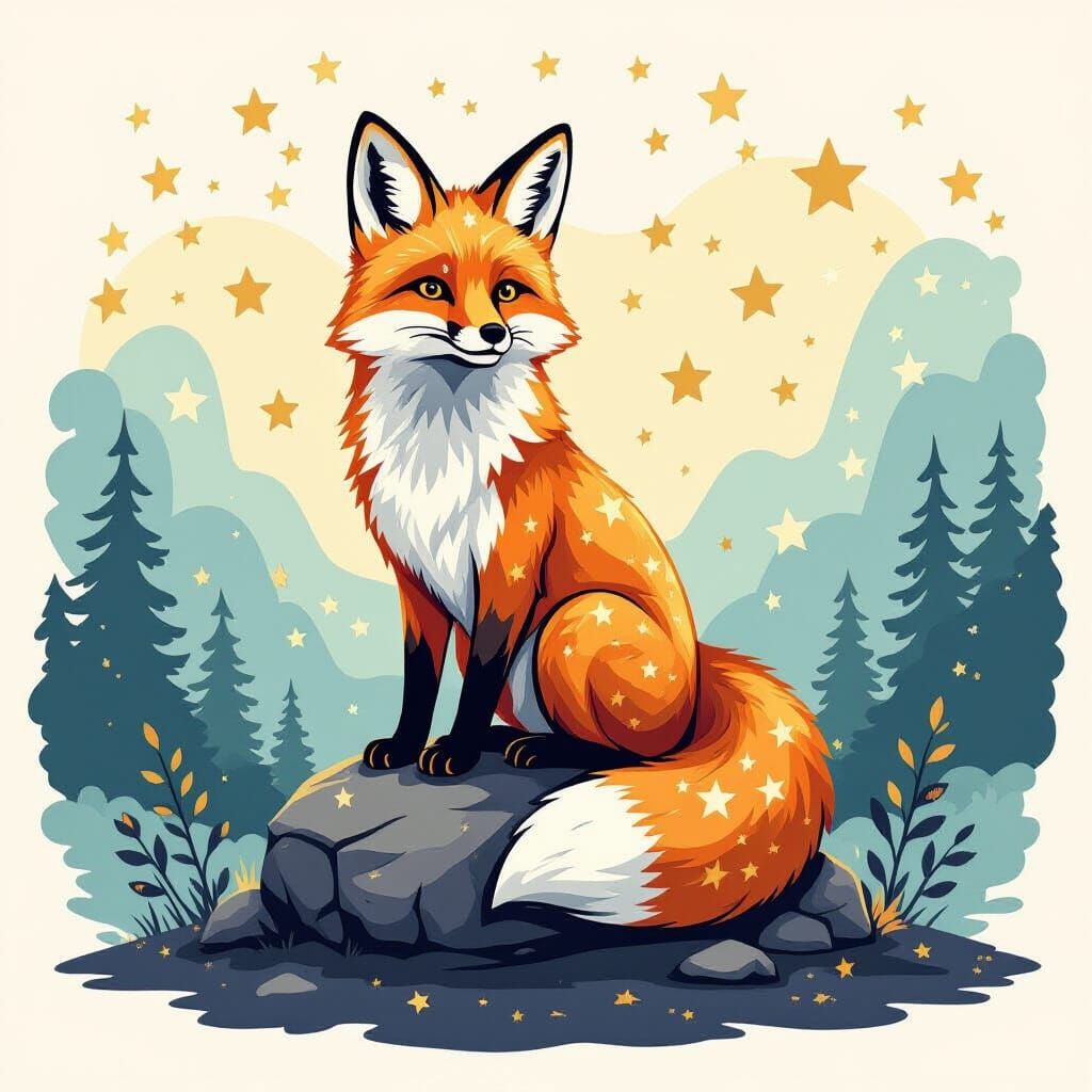 Starlit Fox Sitting on Rock in Ink Style