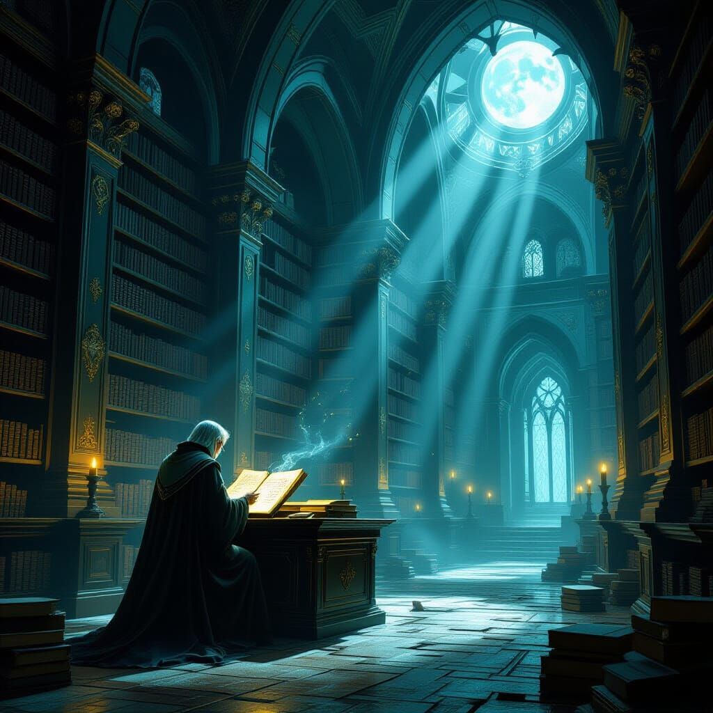 Ancient Librarian Cataloging Ethereal Scrolls in Forgotten L...