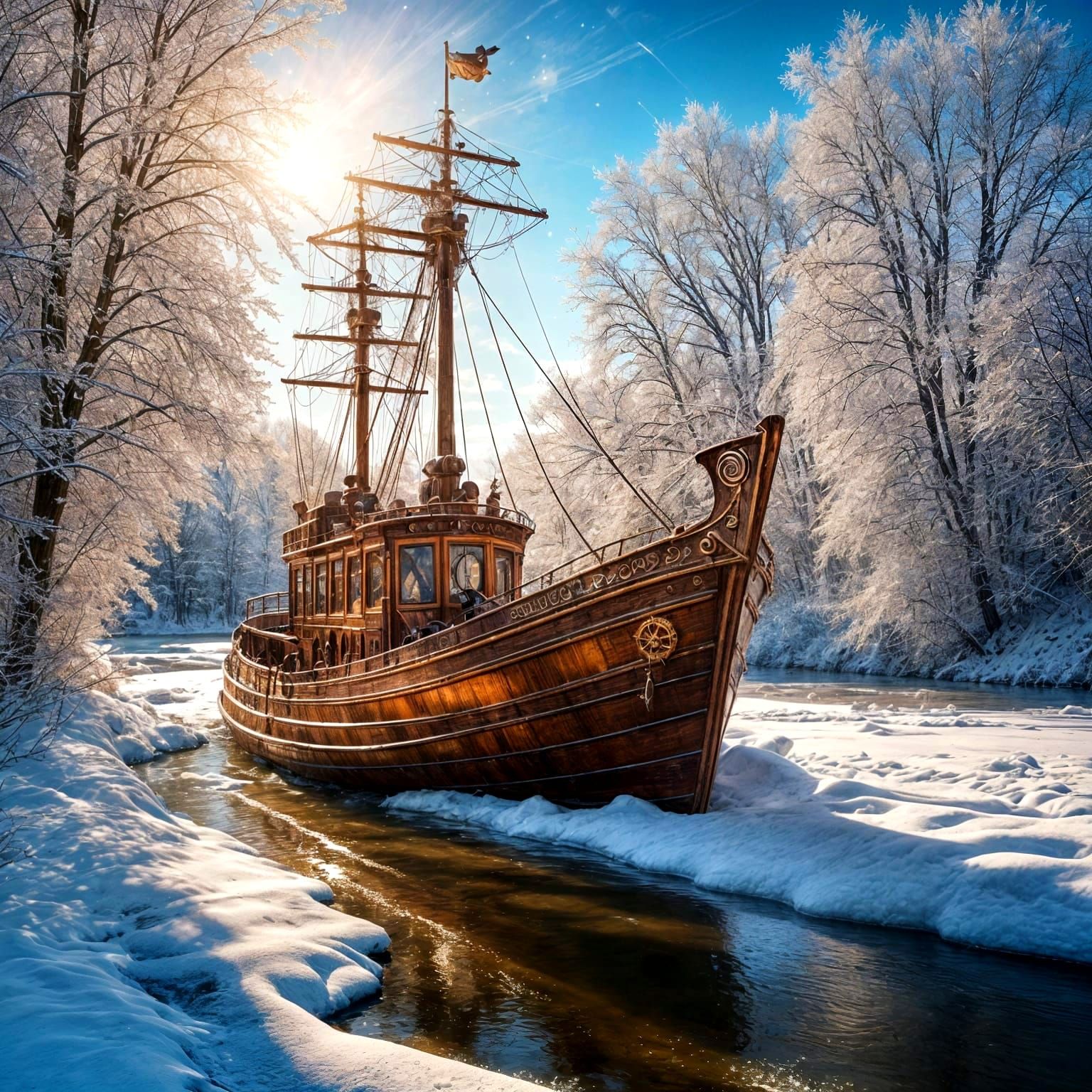 Steampunk Boat on Frozen River with Wildlife