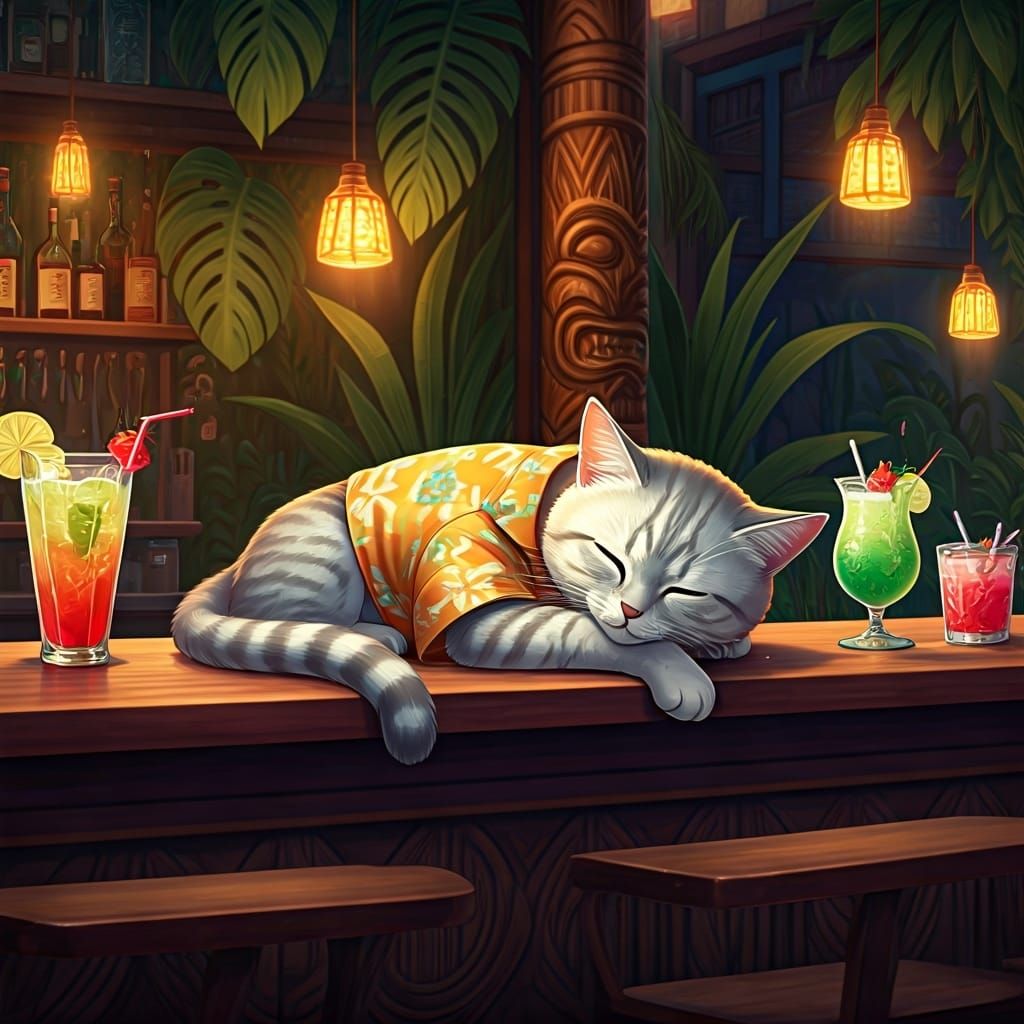 Cute Cat at Beachside Tiki Bar, Ghibli Style