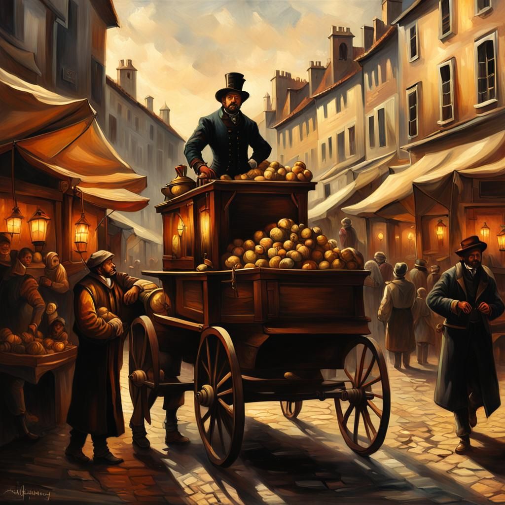 Steampunk Marketplace in Medieval Town: Oil Painting