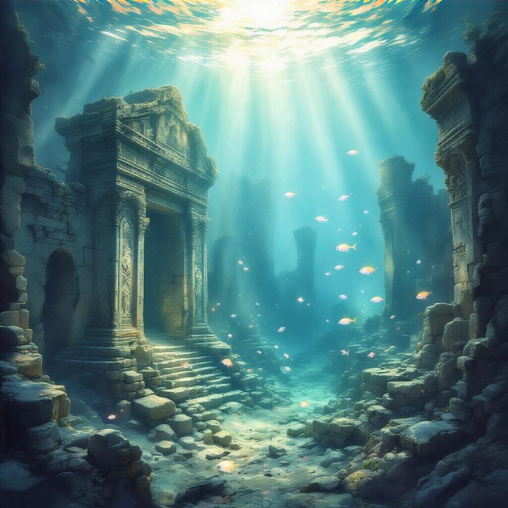 Submerged Ancient City in Dreamlike Watercolor Style