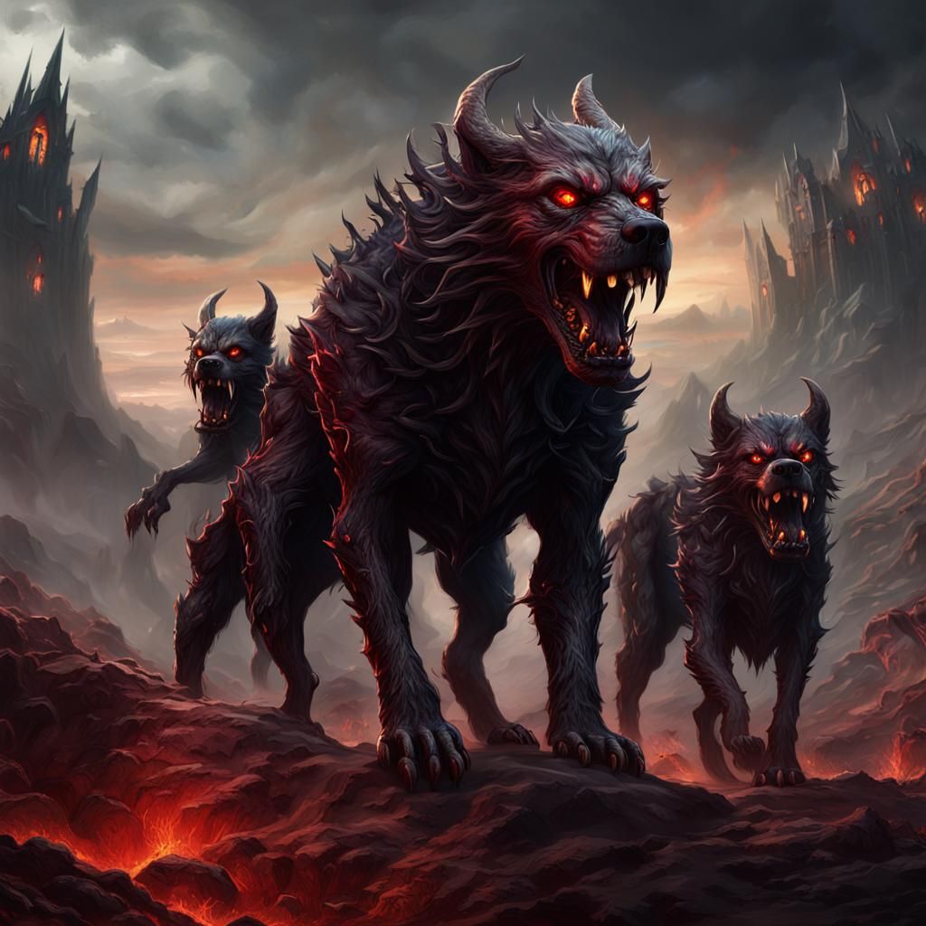 Sinister Three-Headed Hellhound in a Hellscape