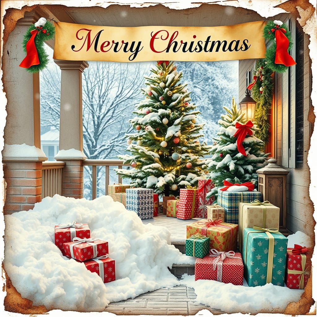 Vintage Christmas Porch Scene with Wrapping Paper and Snow