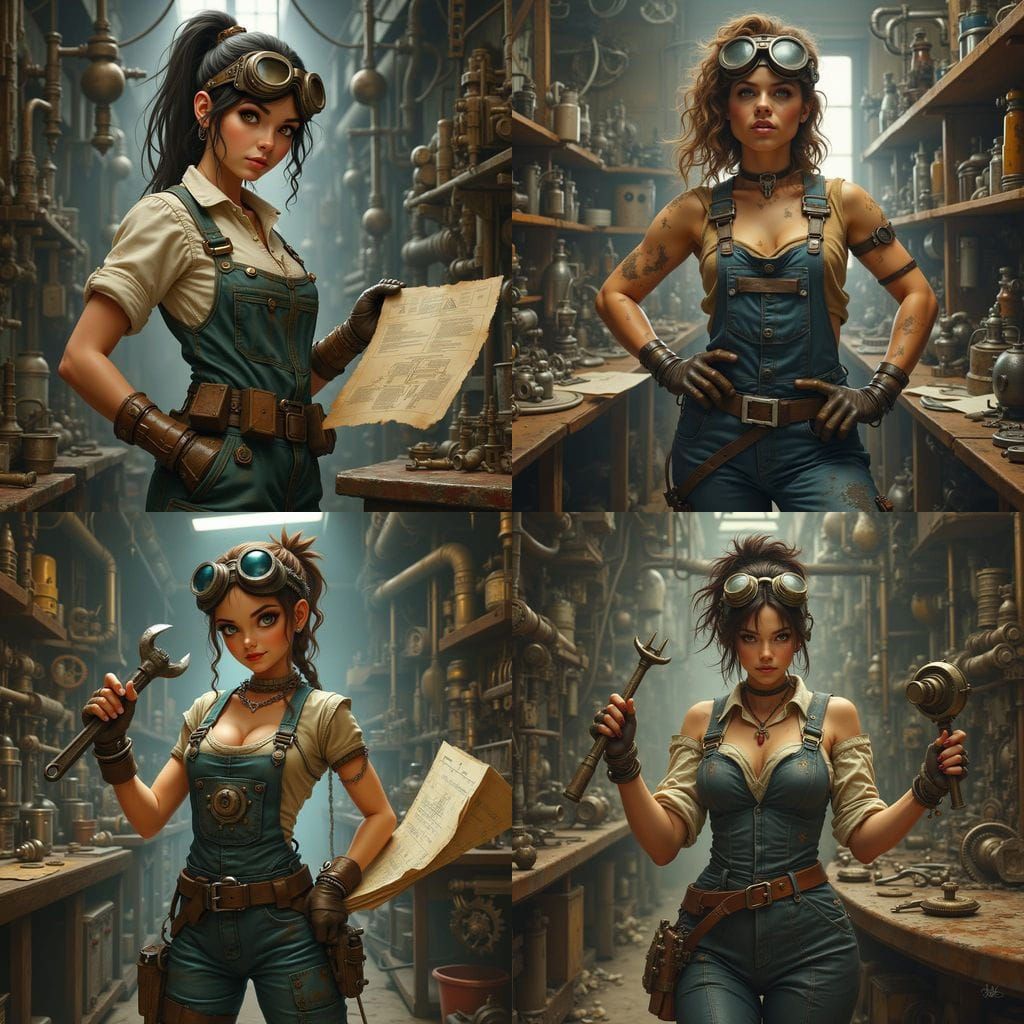 Dieselpunk Mechanic Queen in Workshop: Hyperrealistic Art