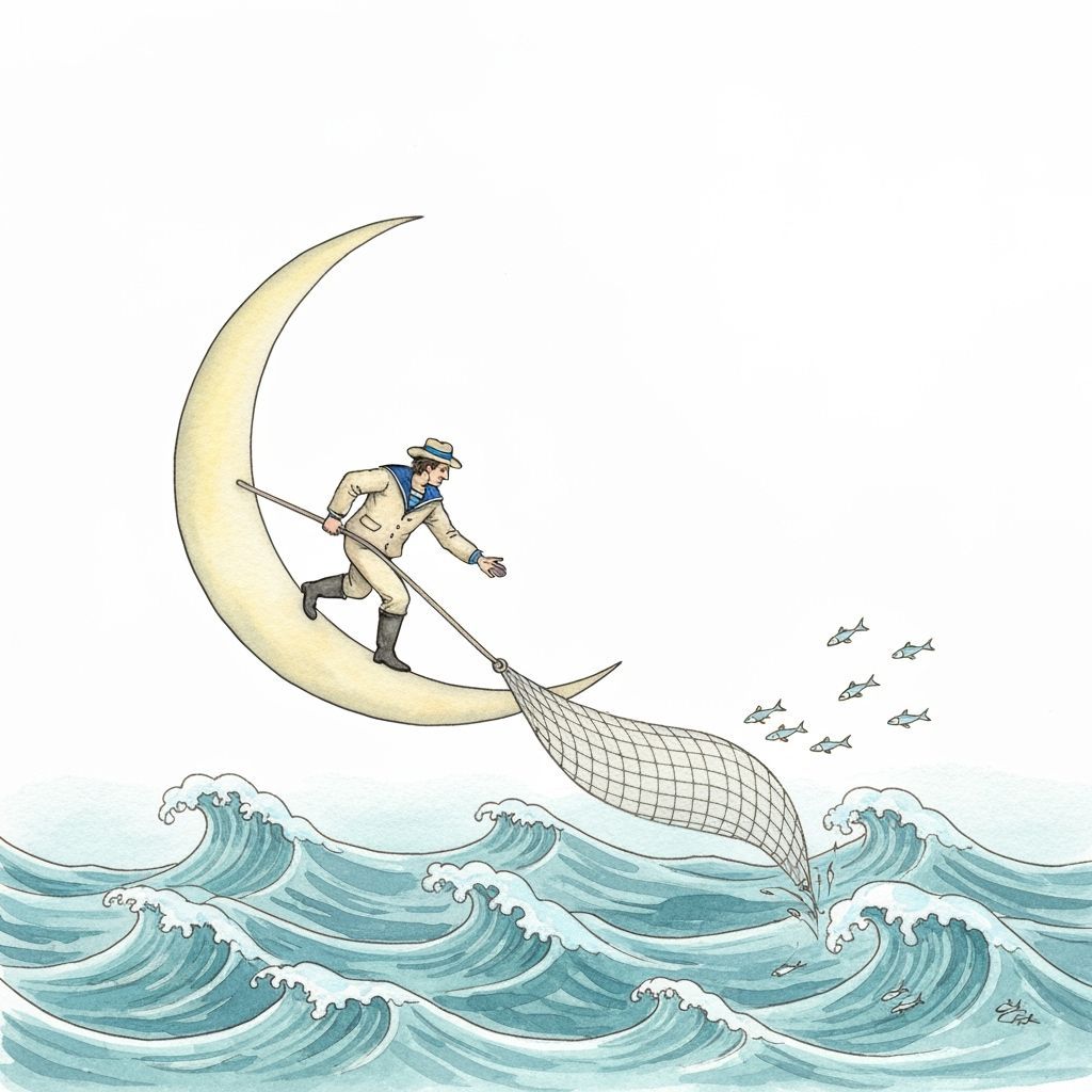 Sailor on Crescent Moon Tosses Net to Waving Sea