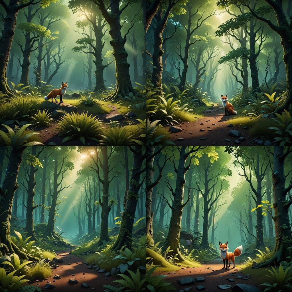 Emerald Forest Whispers with Fox in Iridescent Hues