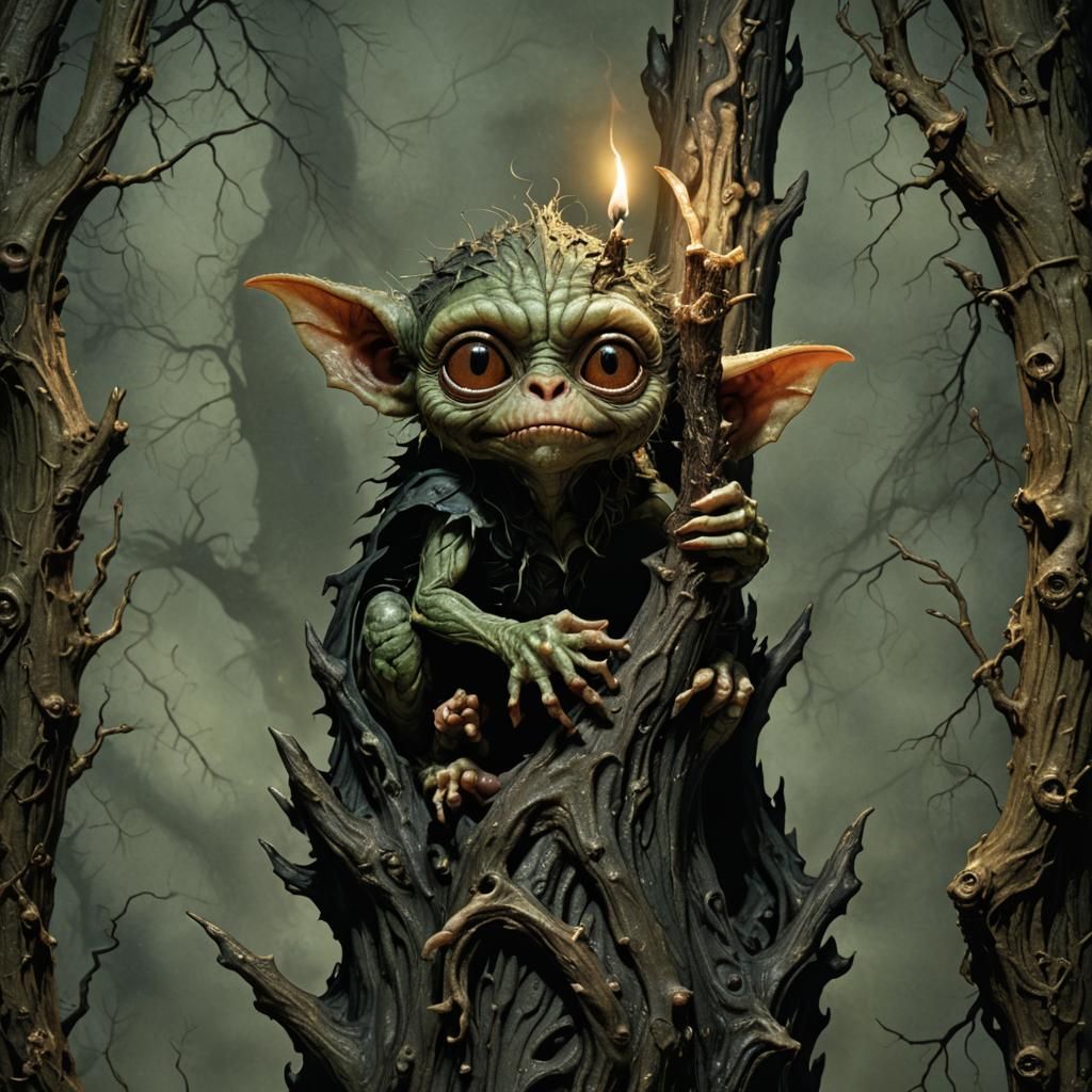 Eerie Gremlin Perched on Witch Finger in Ultra-Realistic Sty...