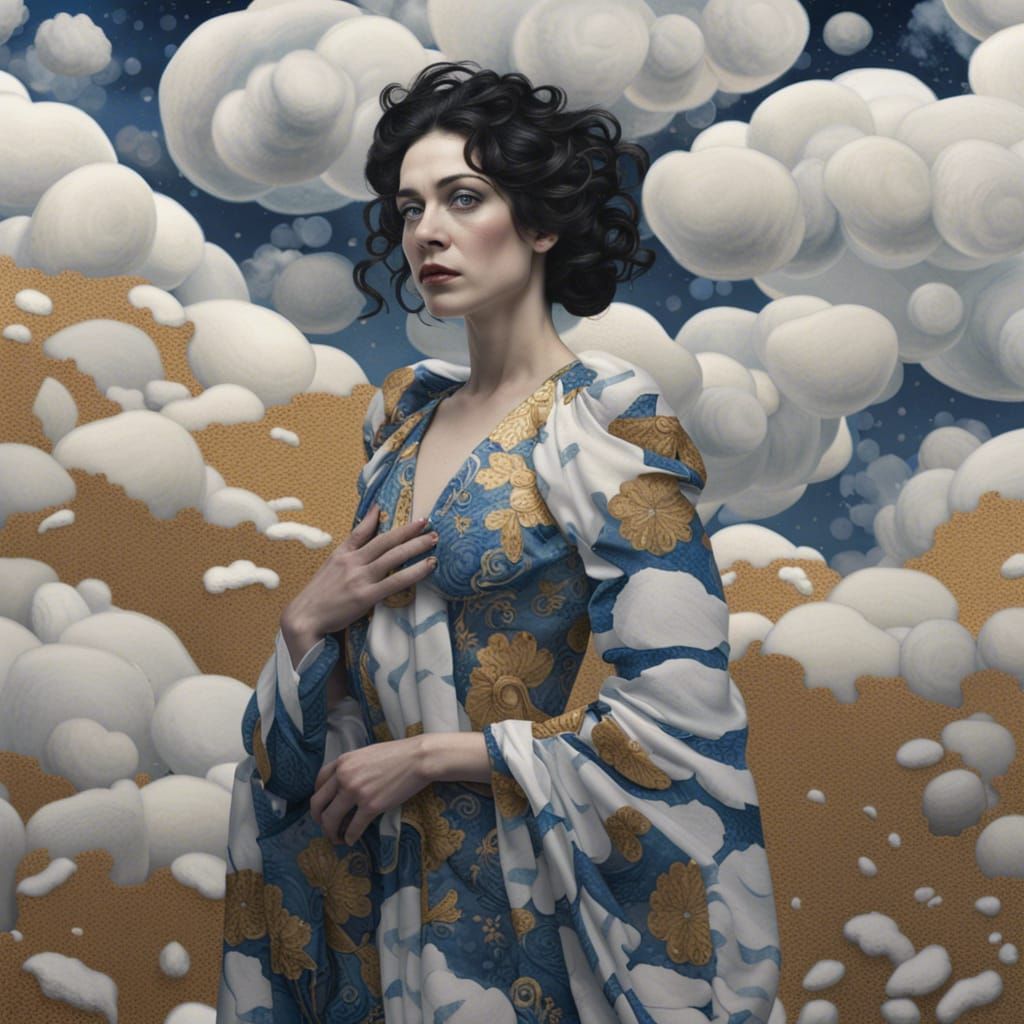 Dark-Haired Woman in Snow, Hyperrealistic Collage Art