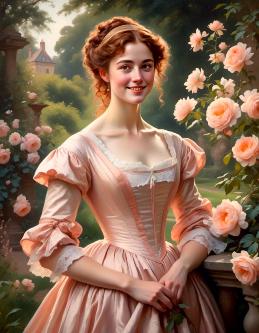 Regency Woman in Garden Portrait with Auburn Hair