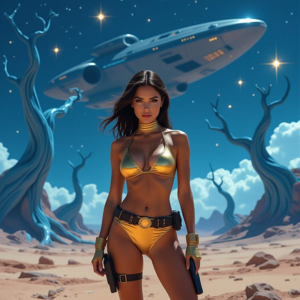 Astronaut on Alien Planet with Starship and Blue Trees