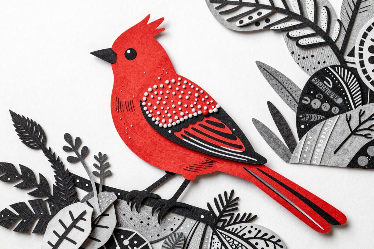 Red Bird Illustration with Beaded Feathers and Tail