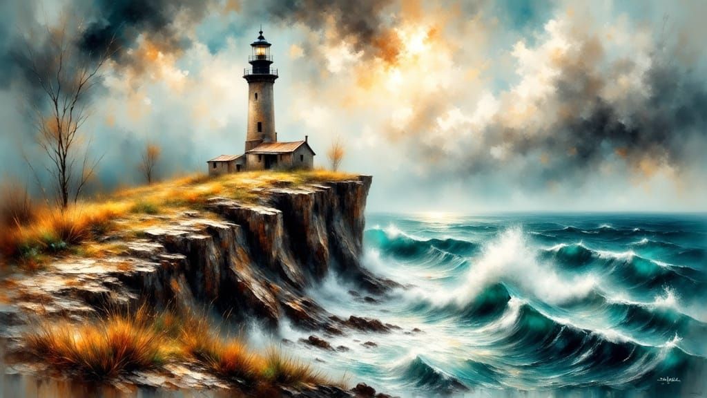 Ancient Lighthouse on Stormy Alien Sea in Impasto Style