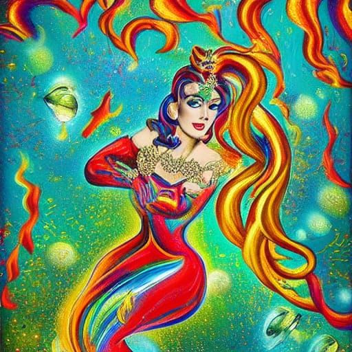 Surrealistic Mermaid in Glittering Rainbow Tail and Stocking...