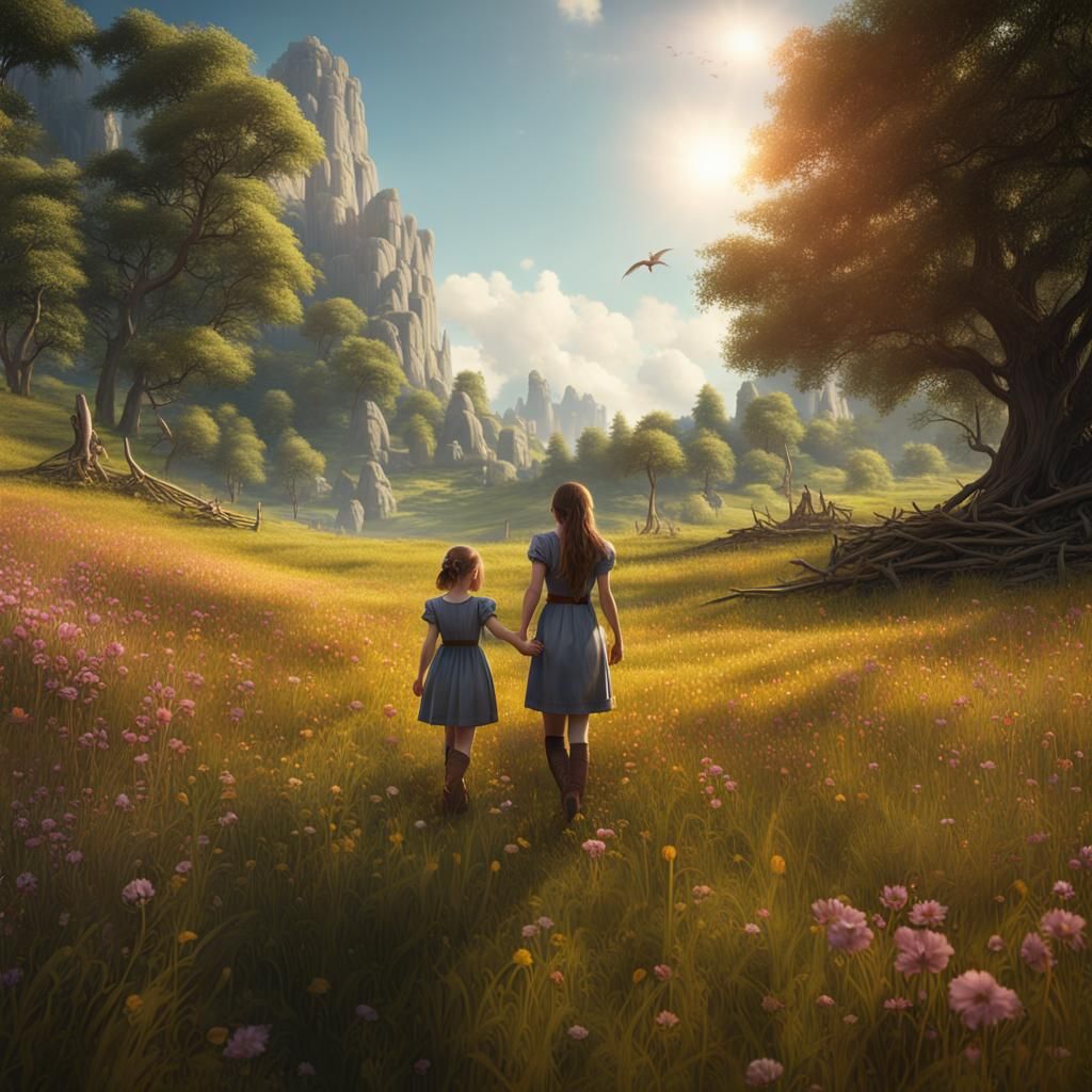 Mother and Daughter in Sunny Meadow, Digital Painting