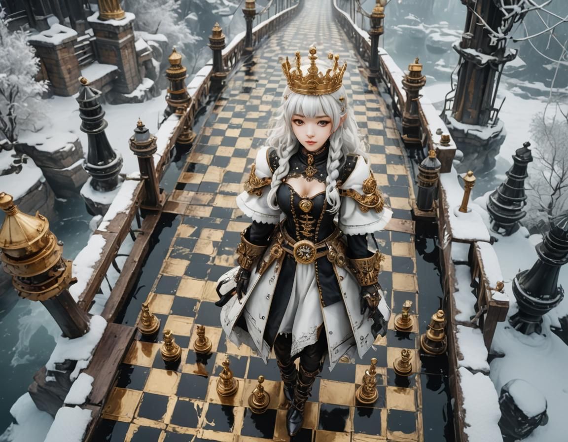 Black Chess Queen on Universe Bridge in Steampunk Style