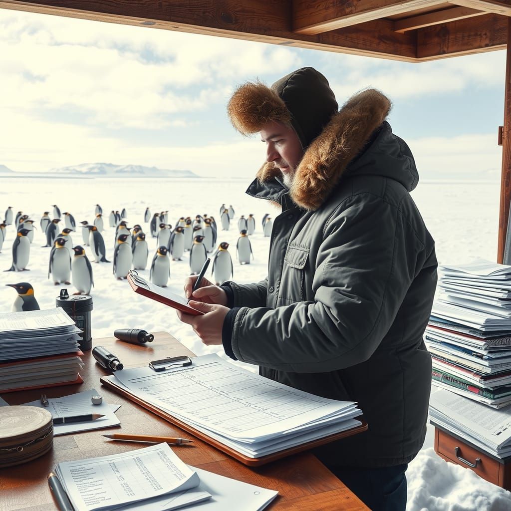 Arctic Researcher Counting Penguins in Snowy Landscape