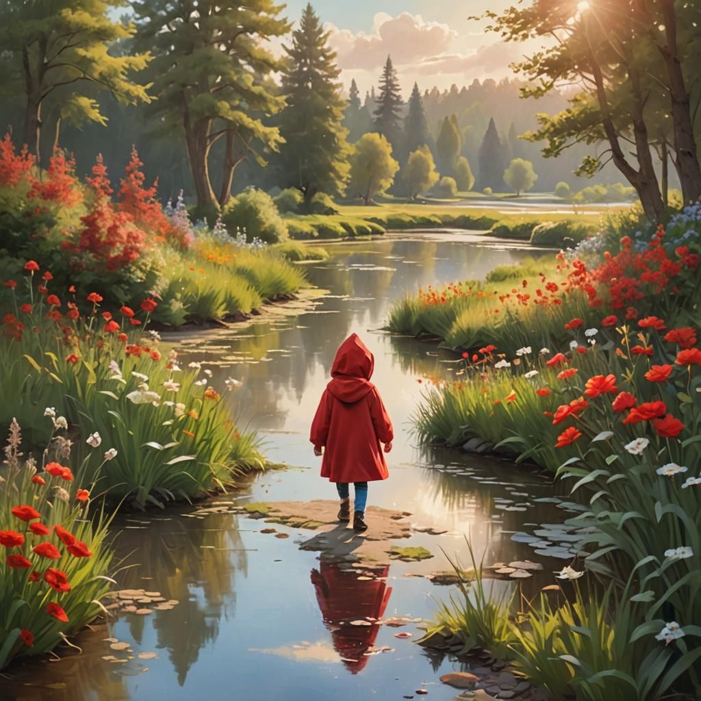 Girl in Red Hood by Pond: Digital Painting