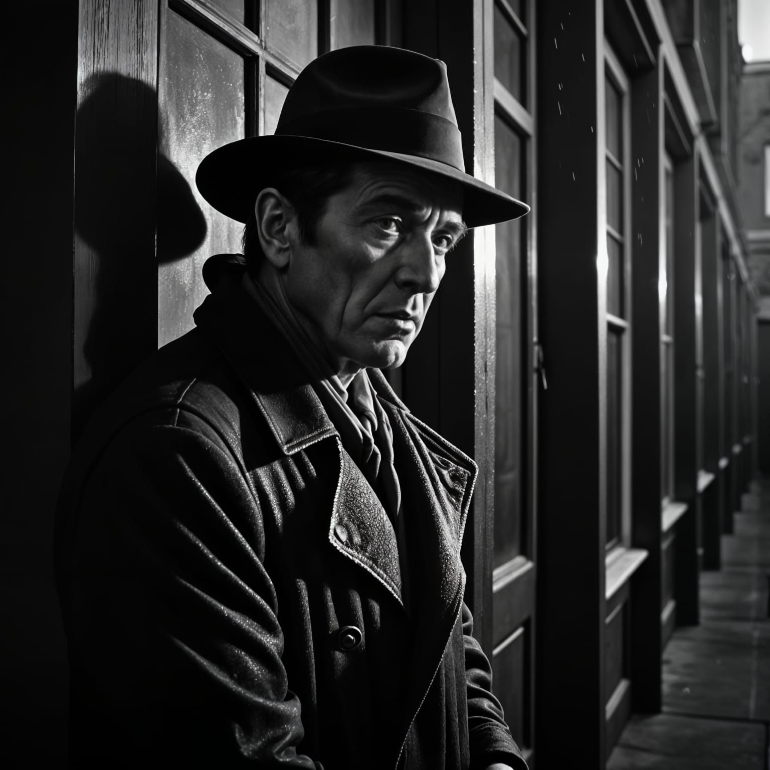 Grizzled Detective in Rainy City Shadows