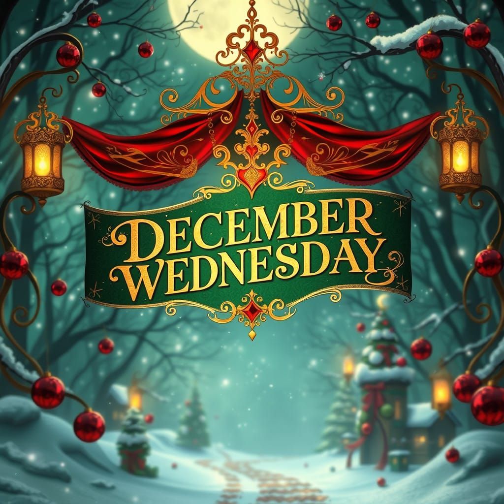 Art Nouveau Christmas Scene in Emerald and Crimson Harlequin...