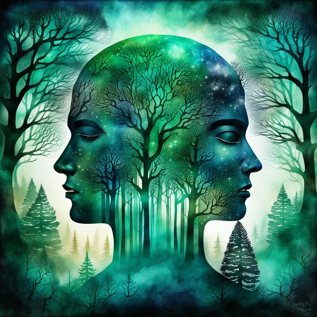 Surreal Kirigami Face and Space Landscape in Watercolor