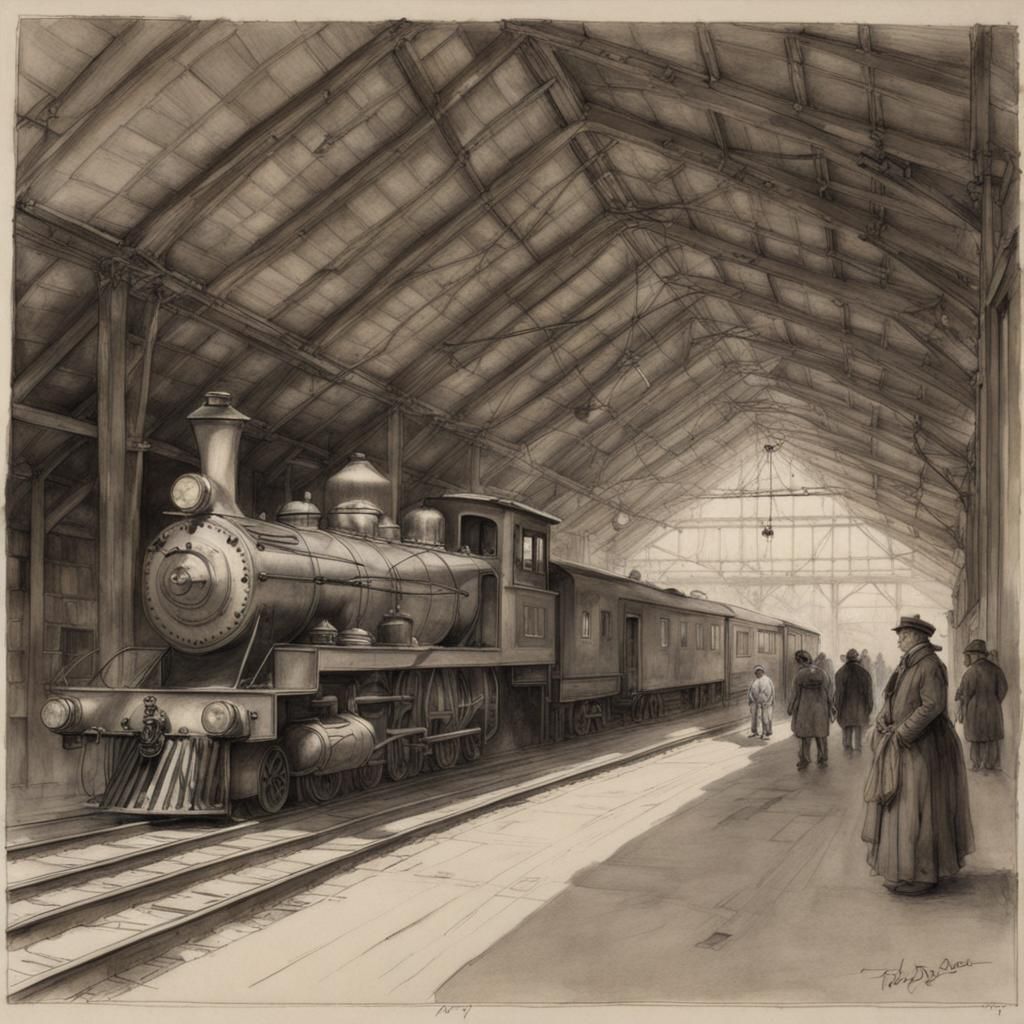Detailed Pencil Drawing of a Train Depot