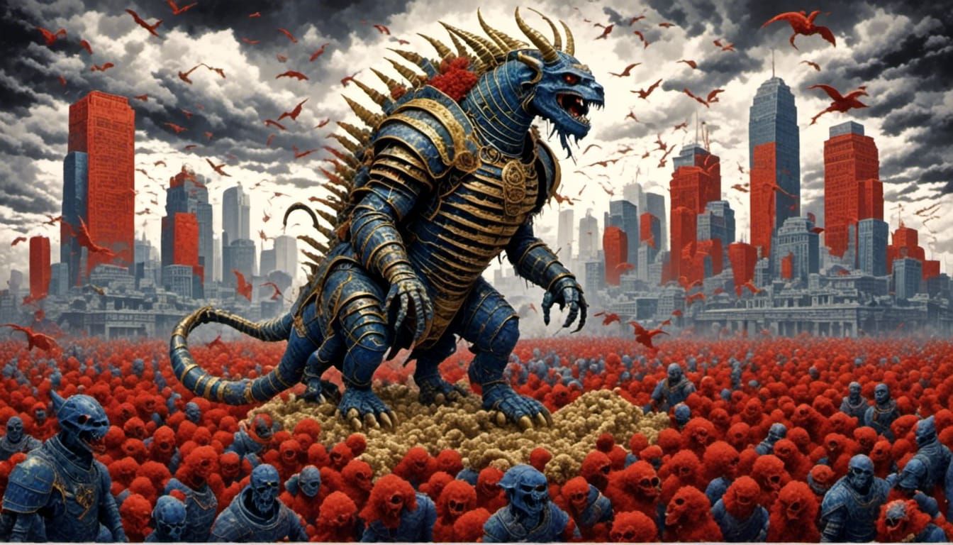 Undead Chimera-Kaiju with Skeletal Celebrants