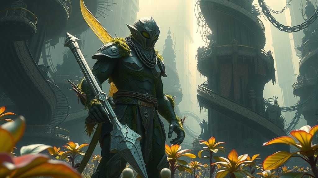 Crystalline Golem Guards Overgrown Futuristic Cityscape