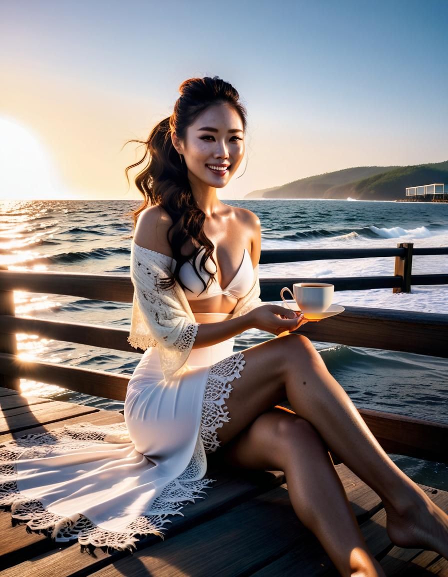 Korean Woman on Pier, Chiaroscuro Oil Painting