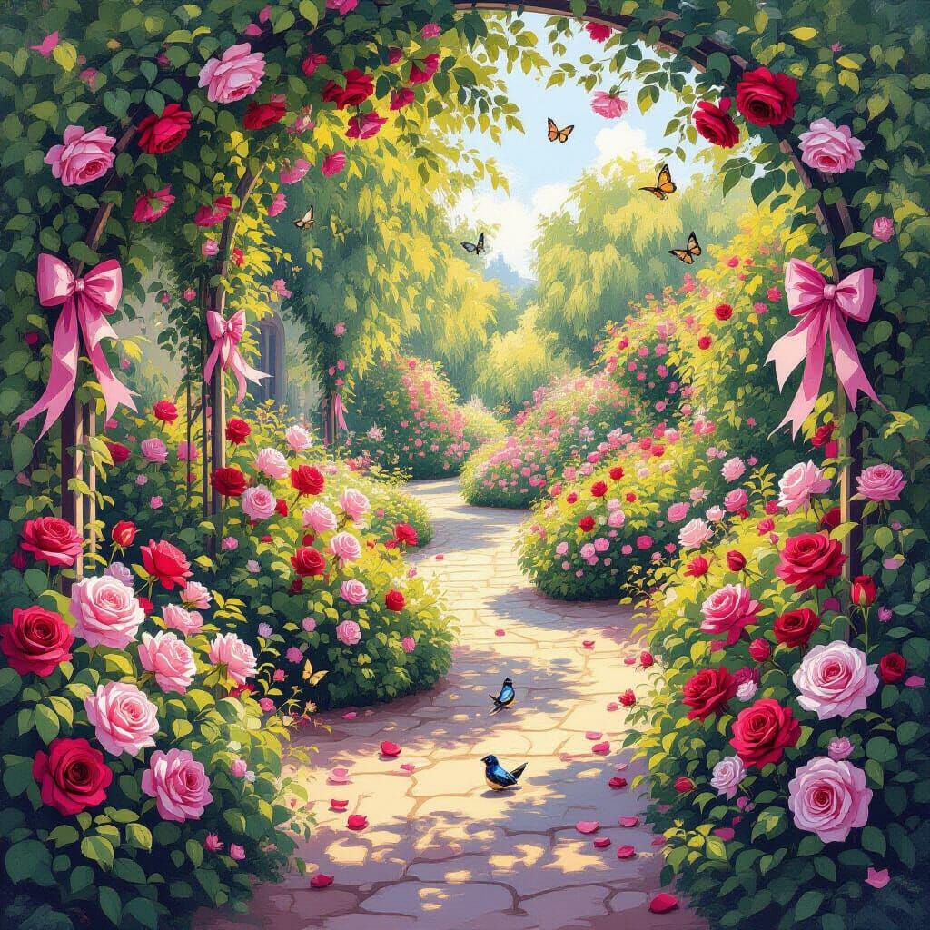 Romantic Rose Garden with Butterflies in Impressionist Style