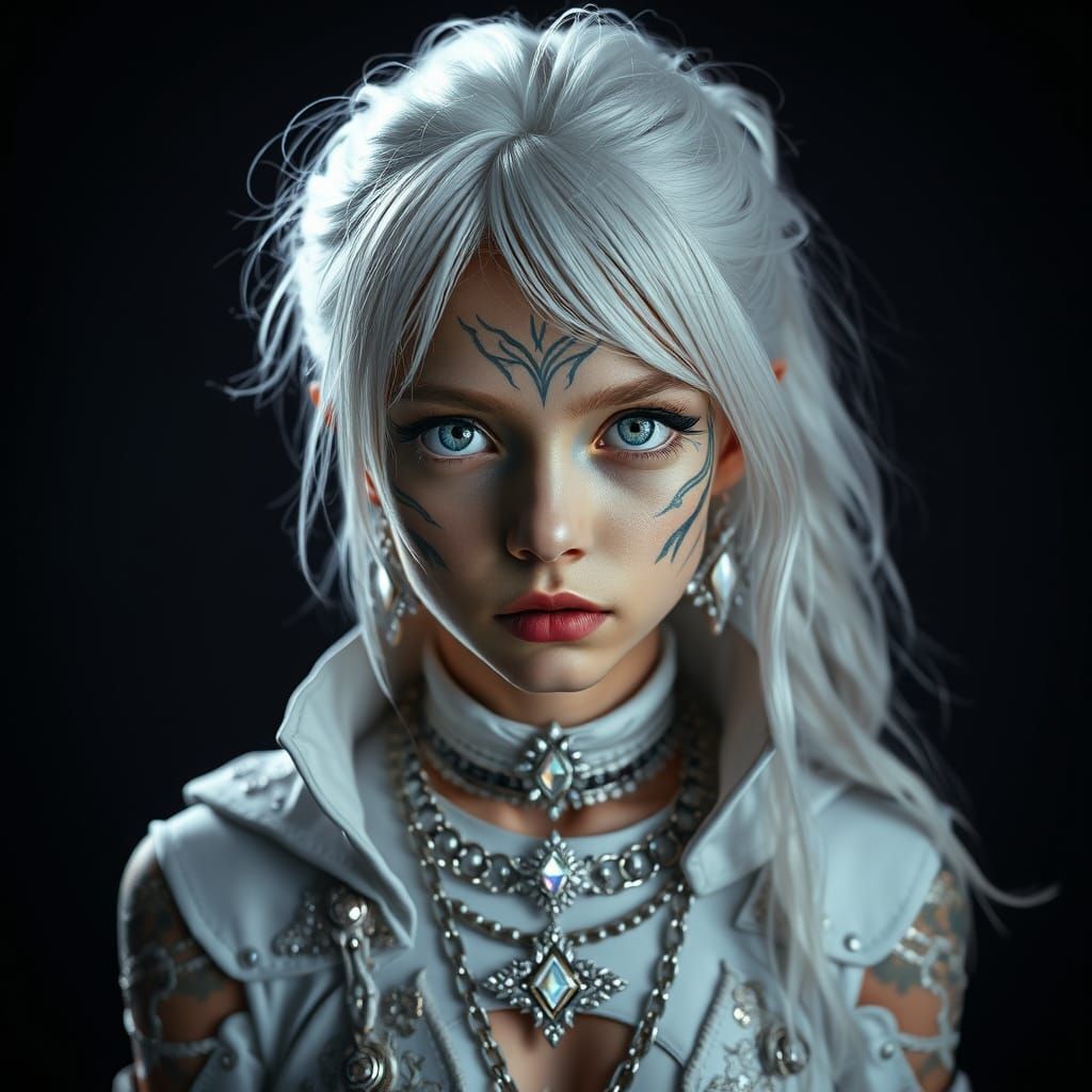 Snow Girl with Magic Tattoos in Dramatic Lighting