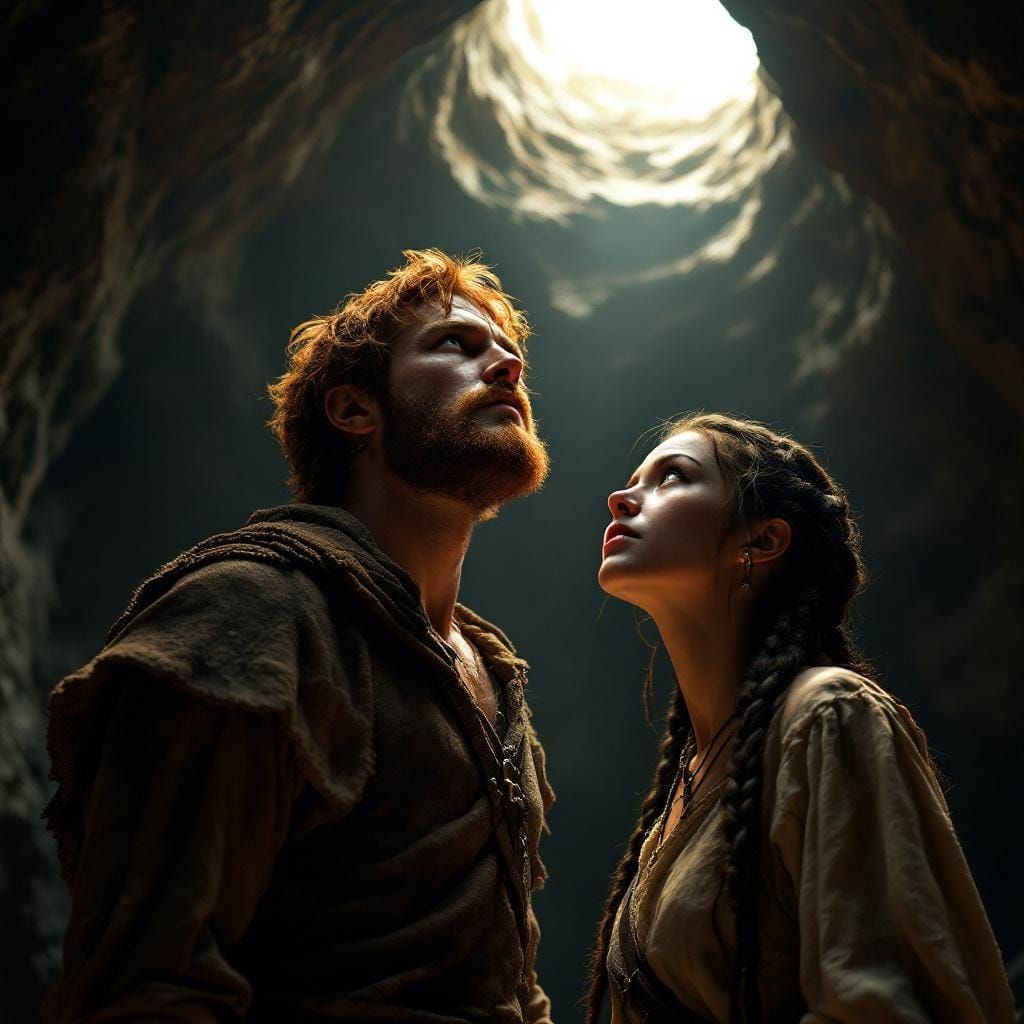 Medieval Peasants Gaze at Sunlight in Cave
