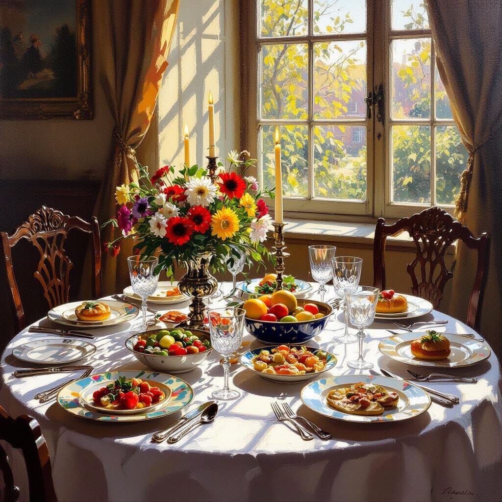 Classical Painting of a Lavish Candlelit Dinner Feast