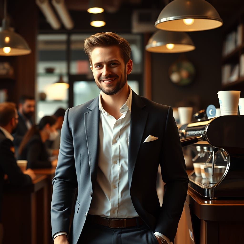 Dashing Man in Coffee Shop, Cinematic Lighting