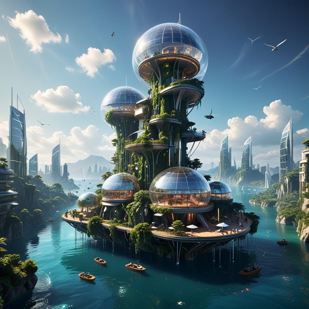 Surreal Solarpunk City Floats Serenely Above Crystal Clear O...