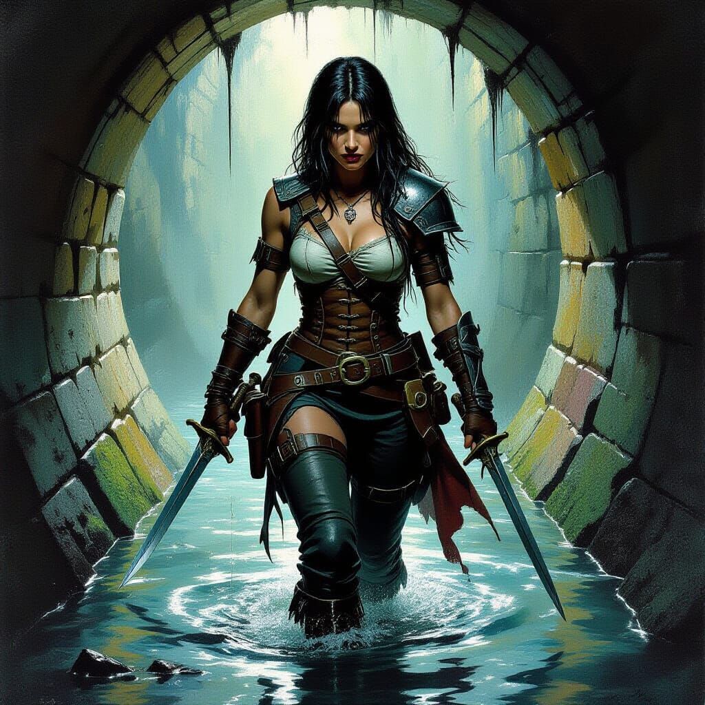 Weary Rogue in Sewer, as Fantasy Oil Painting
