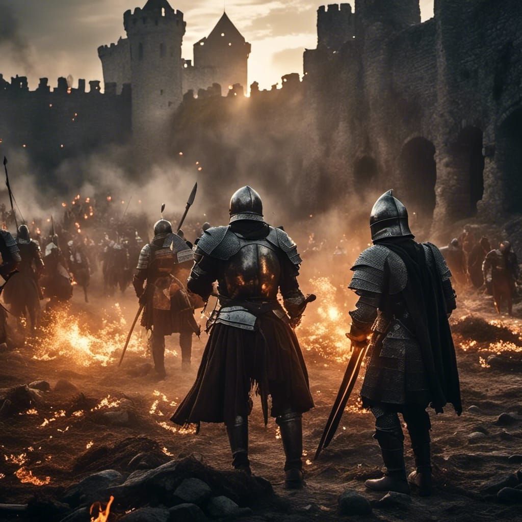 Epic Medieval Knight Battle at Dusk in Digital Art Style