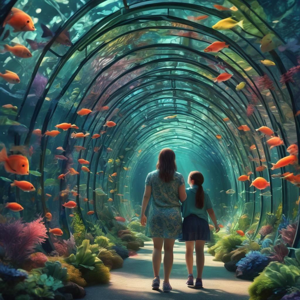 Girl with Down Syndrome in Aquarium: Vibrant Digital Art