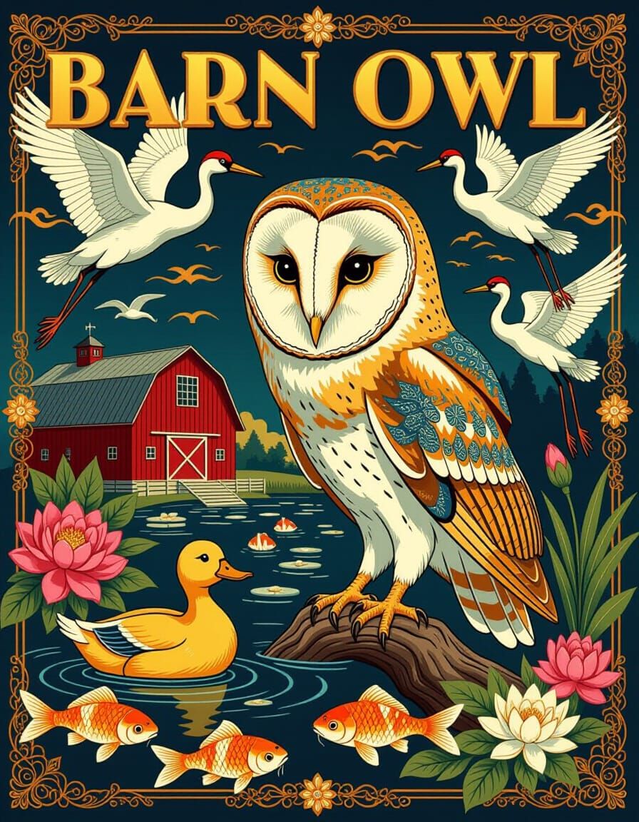 Retro Barn Owl Tapestry in 1950s Poster Style