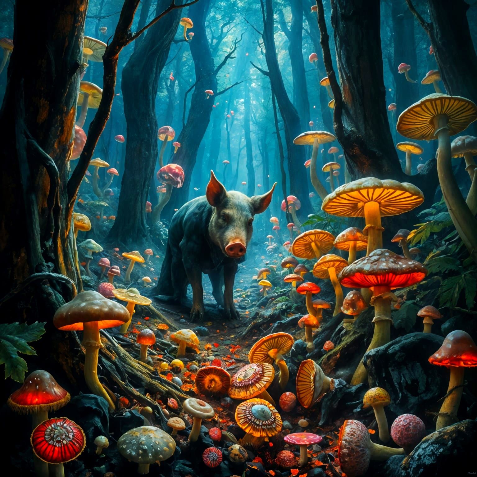 Psychedelic Truffle Hunt in a Mushroom Forest