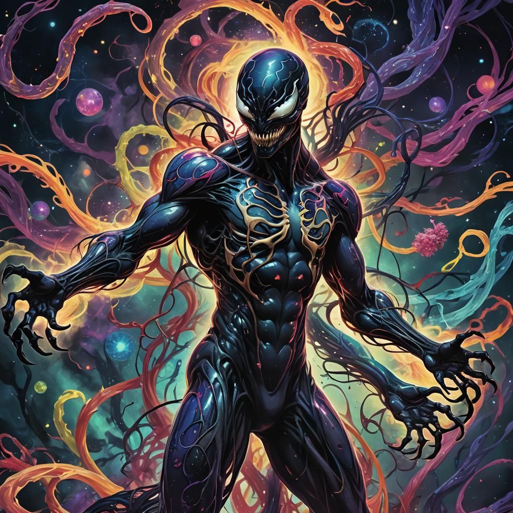 Venom Symbiote in Holographic Cosmic Illustration