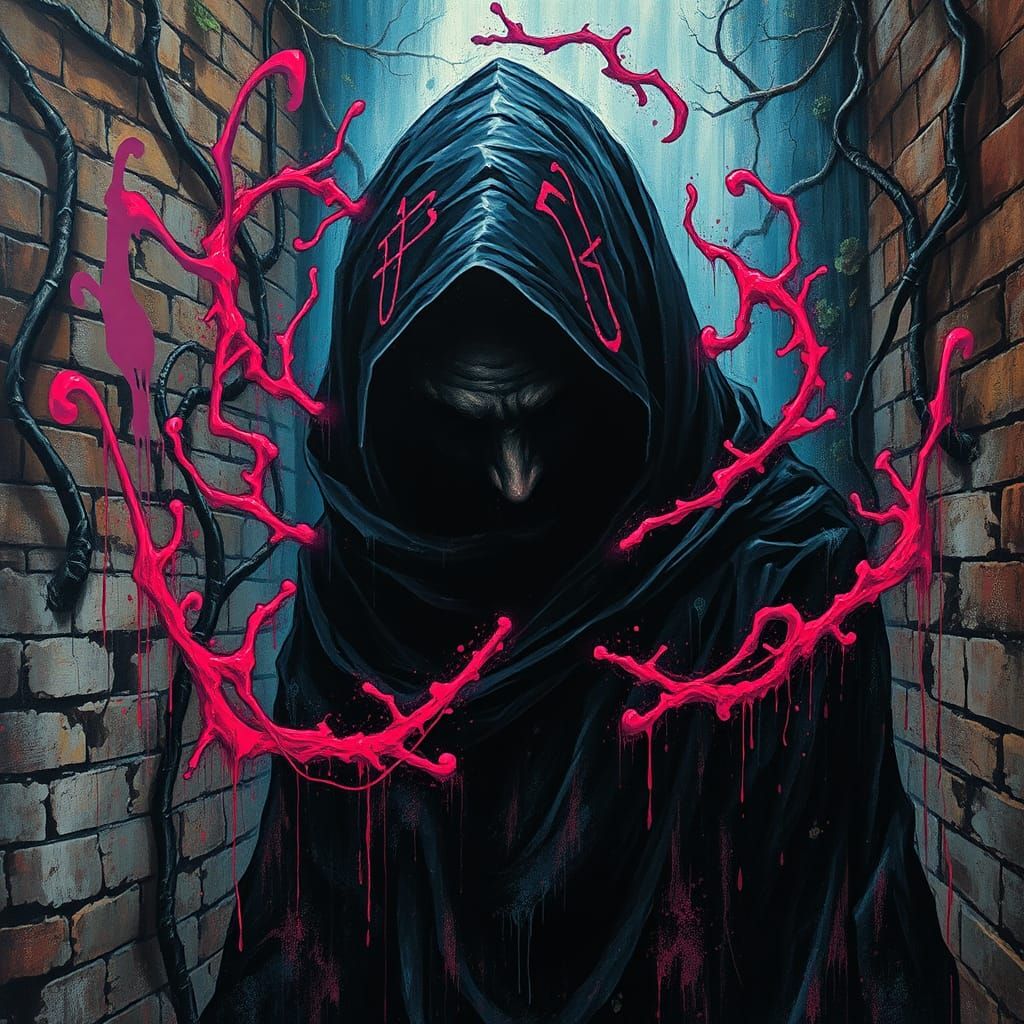 Cursed Figure in Graffiti Mystical Urban Landscape